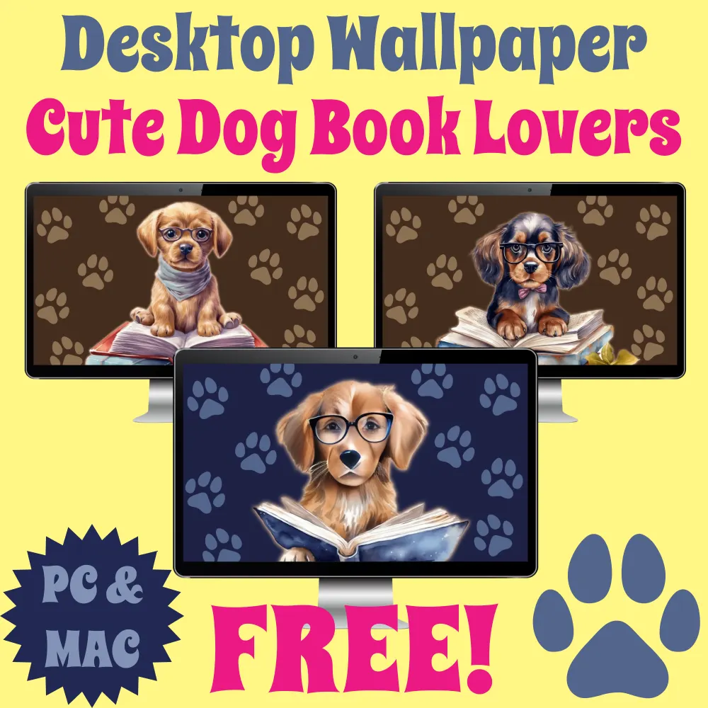 Free Desktop Wallpaper for Book Lovers featuring Cute Dogs #cutedogs #booklover #bibliophile #bookaholic #freewallpaper