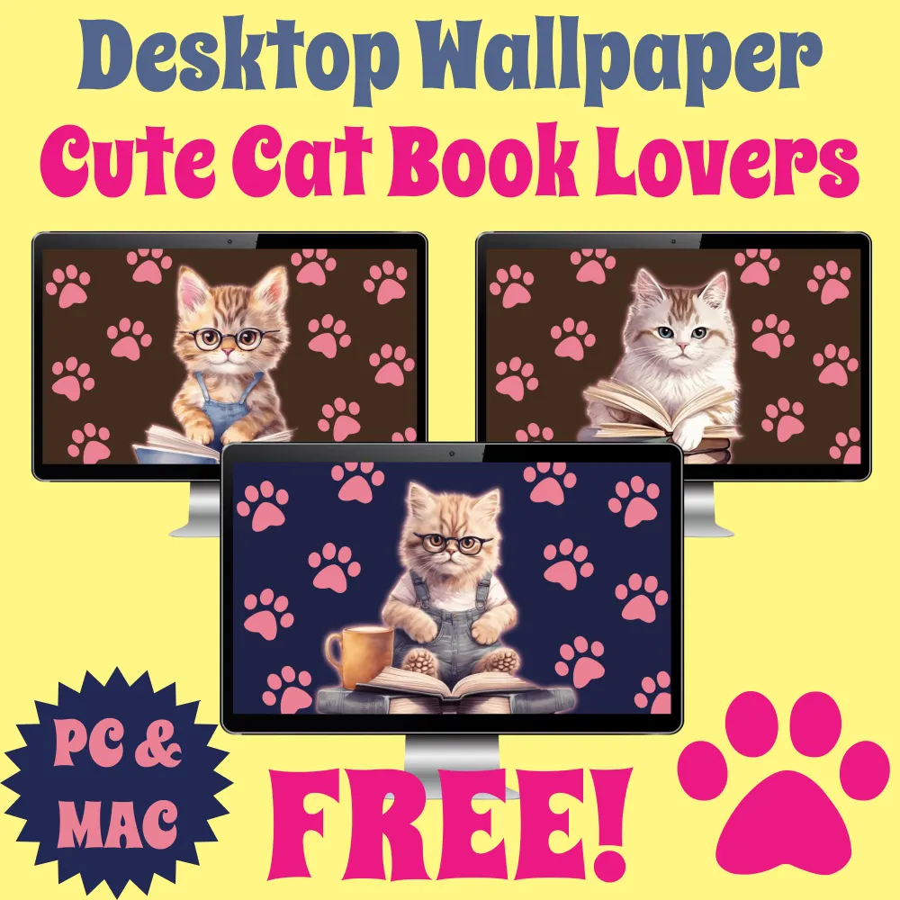 Free Desktop Wallpaper for Book Lovers featuring Cute Cats #cutecats #booklover #bibliophile #bookaholic #freewallpaper