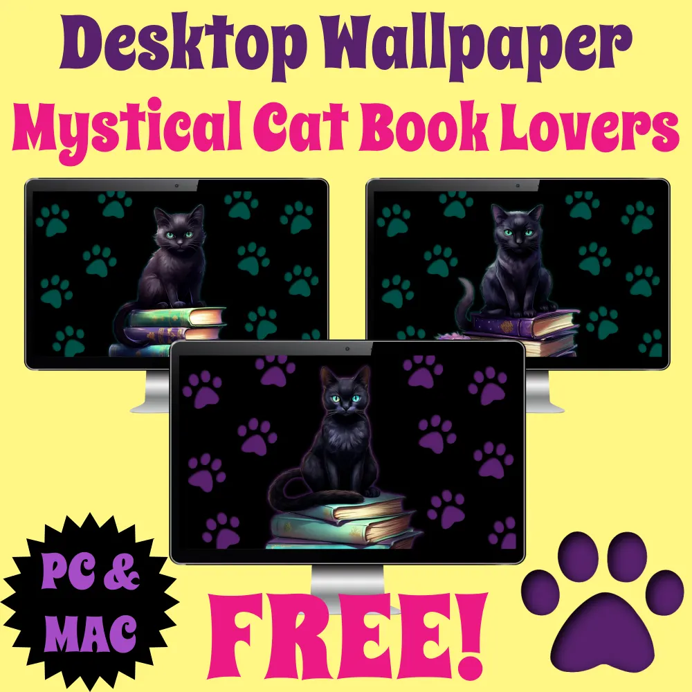 Free Desktop Wallpaper for Book Lovers featuring Mystical Cats #mysticalcat #blackcat #booklover #bibliophile #bookaholic #freewallpaper
